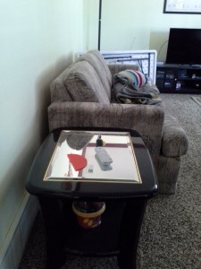 The Laz-boy sofa bed and the square coffee table that used to hold the TV. See what I mean about the mirror-glass?